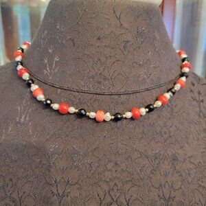 Red & Black Beaded Necklace Freshwater Pearl Accents & Silver Hook Clasp
